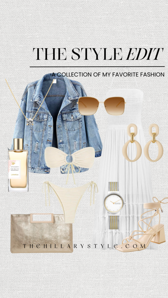 Summer fashion edit with white dress and denim jacket.