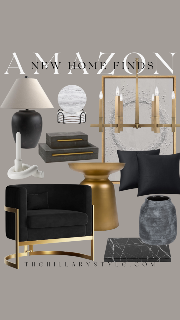 Home decor and furniture with gold accents.