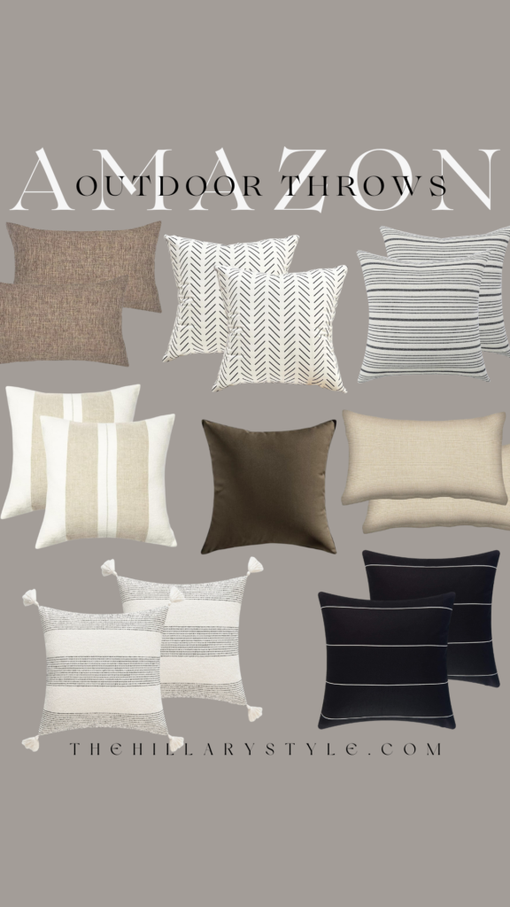 Assortment of outdoor throw pillows.