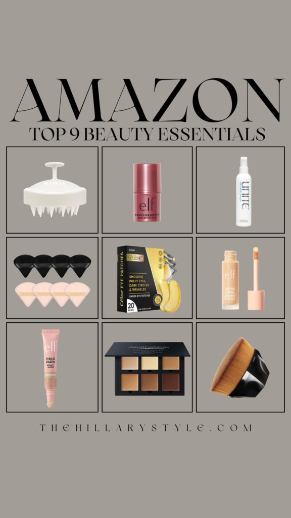 Amazon top 9 beauty essentials collage.