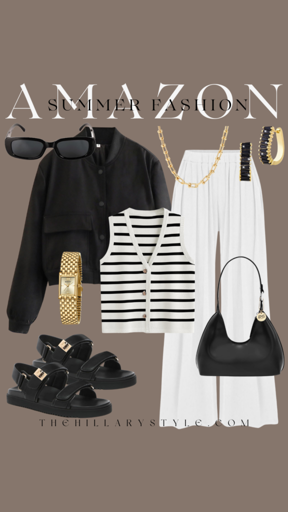 Summer fashion outfit with black and white stripes.