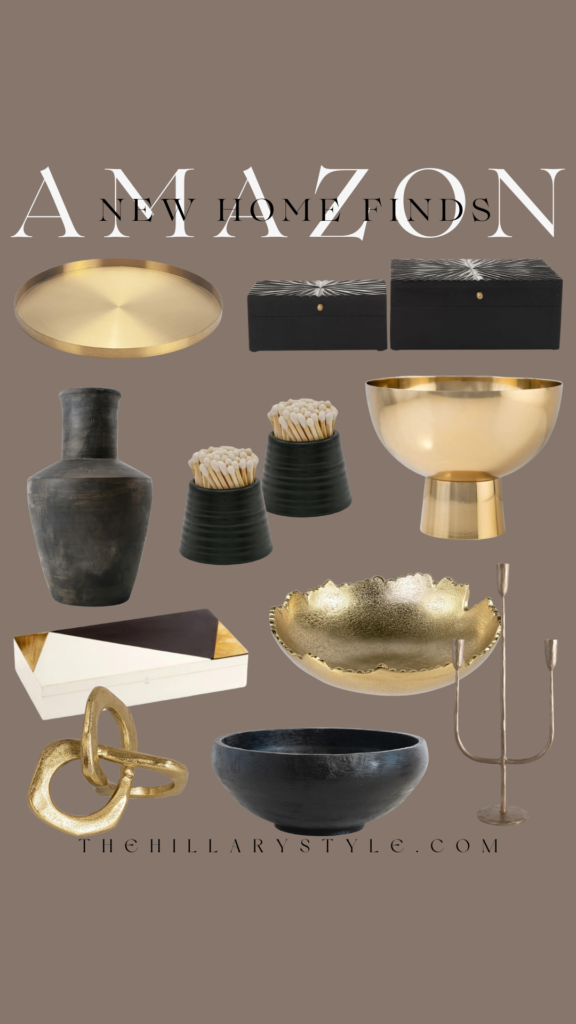 Gold and black home decor items.