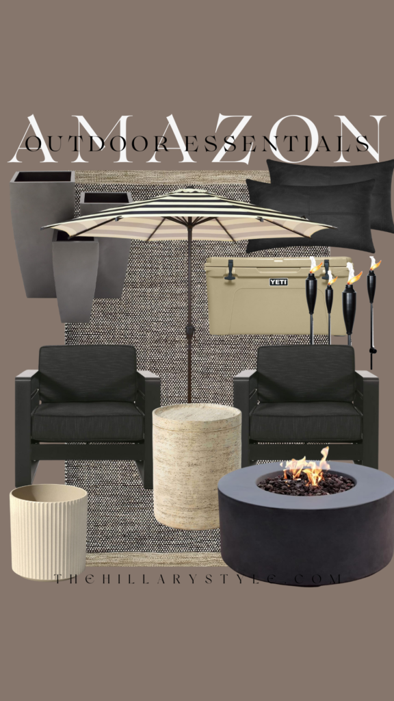 Outdoor patio furniture with fire pit and rug.