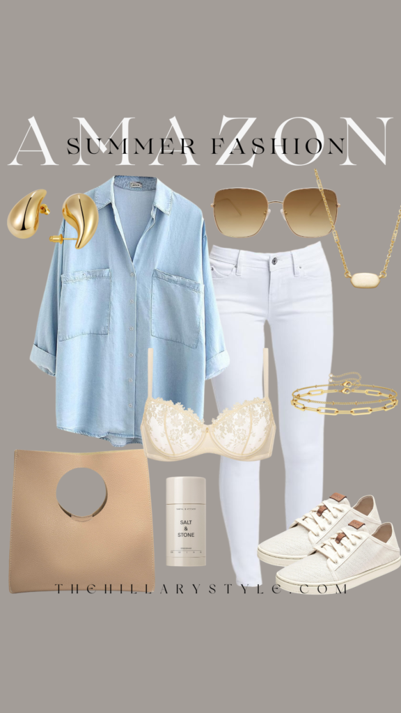 Summer fashion outfit with white jeans and a denim shirt.