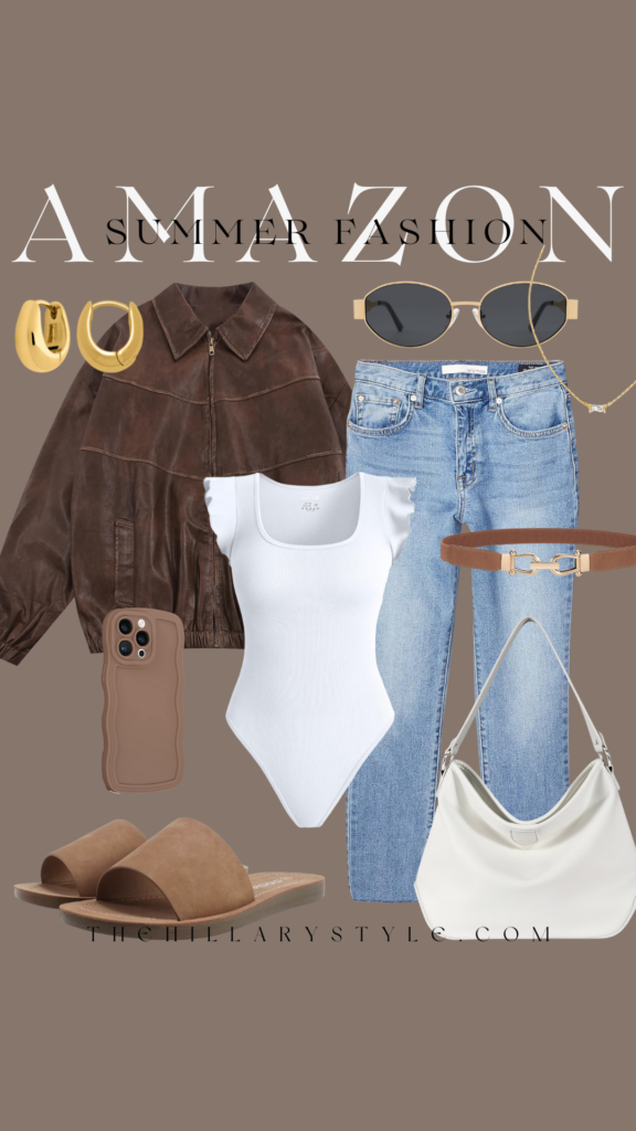 Summer fashion outfit with brown jacket.