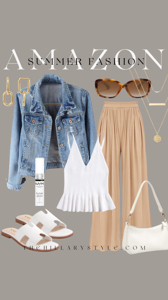 Summer outfit with denim jacket and white sandals.