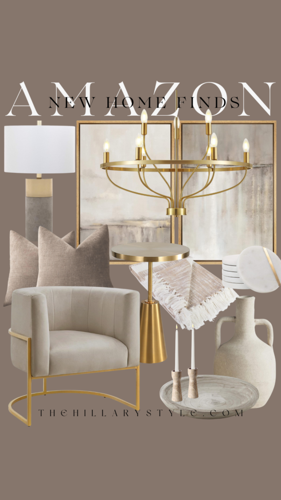 Home decor collage with gold accents.