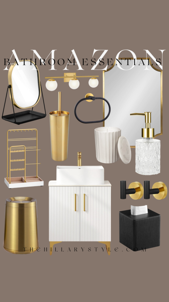 Gold and black bathroom decor essentials.