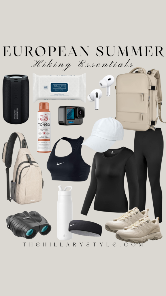 European summer hiking essentials collage.