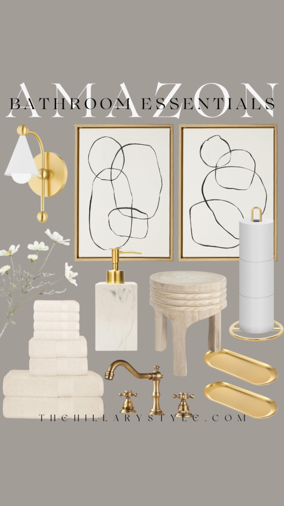 Gold bathroom essentials with abstract art.