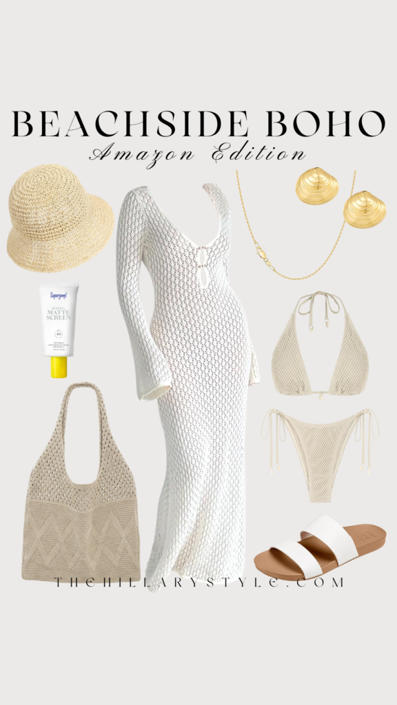 White crochet beach dress and accessories.