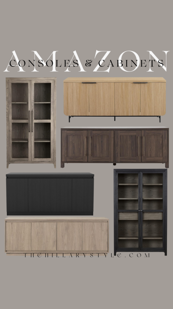 Five wooden cabinets in different styles.