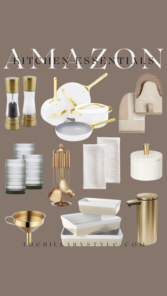 Amazon kitchen essentials in gold and white.