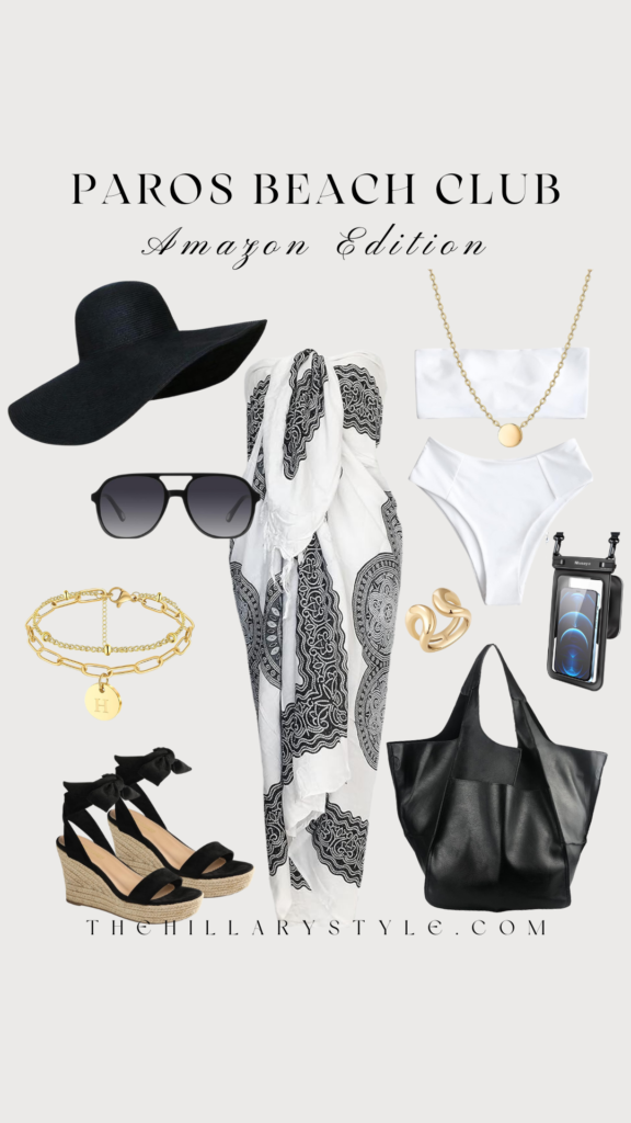 Beach club outfit with accessories and a phone case.