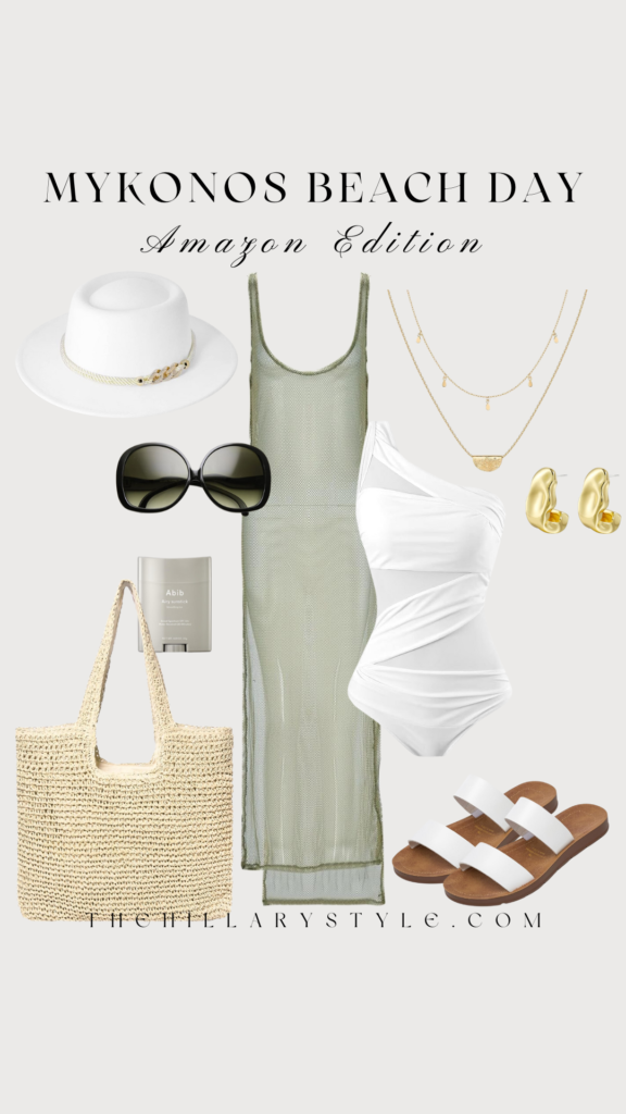 Beach day outfit with hat, sunglasses, and sandals.