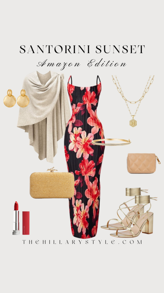 Floral dress and accessories for a sunset look.