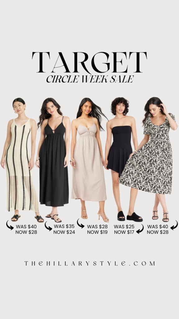 Five women wearing dresses on sale at Target.